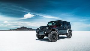 Preview wallpaper jeep, suv, car, black, desert, sky