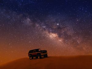 Preview wallpaper jeep, suv, side view, starry sky, desert