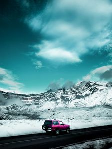 Preview wallpaper jeep, suv, side view, road, mountains, snow