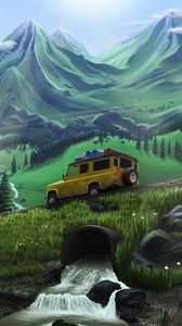 Preview wallpaper jeep, travel, slope, mountains, art
