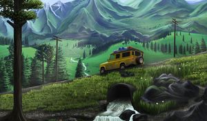 Preview wallpaper jeep, travel, slope, mountains, art