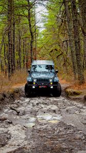 Preview wallpaper jeep wrangler, jeep, car, front view, forest