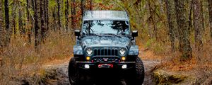 Preview wallpaper jeep wrangler, jeep, car, front view, forest