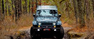 Preview wallpaper jeep wrangler, jeep, car, front view, forest