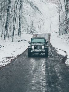 Preview wallpaper jeep wrangler, jeep, car, suv, road, snow