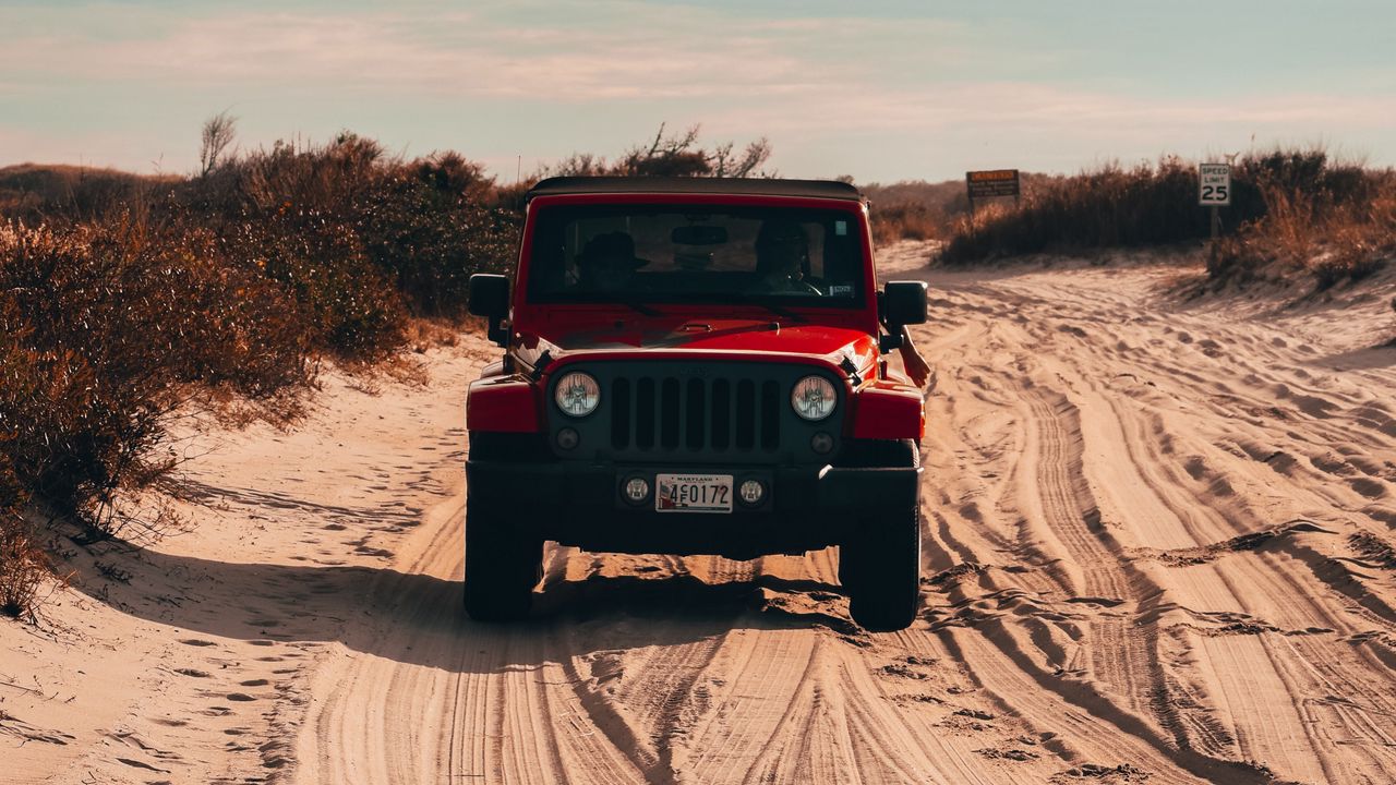 Wallpaper jeep wrangler, jeep, car, suv, red, sand