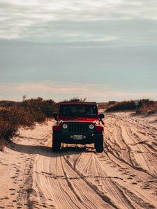 Preview wallpaper jeep wrangler, jeep, car, suv, red, sand