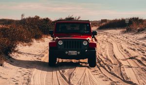 Preview wallpaper jeep wrangler, jeep, car, suv, red, sand