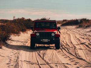 Preview wallpaper jeep wrangler, jeep, car, suv, red, sand