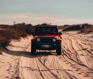 Preview wallpaper jeep wrangler, jeep, car, suv, red, sand