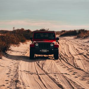 Preview wallpaper jeep wrangler, jeep, car, suv, red, sand