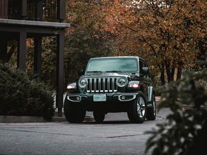 Preview wallpaper jeep wrangler, jeep, car, suv, black, front view