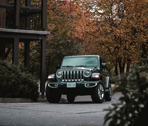 Preview wallpaper jeep wrangler, jeep, car, suv, black, front view