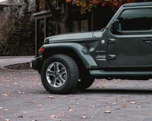 Preview wallpaper jeep wrangler, jeep, car, suv, gray, side view