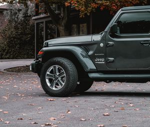 Preview wallpaper jeep wrangler, jeep, car, suv, gray, side view