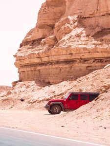 Preview wallpaper jeep wrangler, jeep, car, suv, red, rock