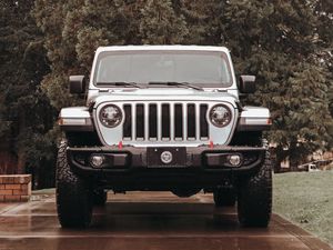 Preview wallpaper jeep wrangler, jeep, car, suv, gray, front view