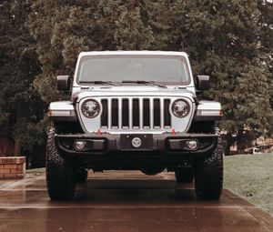 Preview wallpaper jeep wrangler, jeep, car, suv, gray, front view