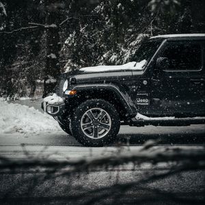 Preview wallpaper jeep wrangler, jeep, car, suv, black, snow