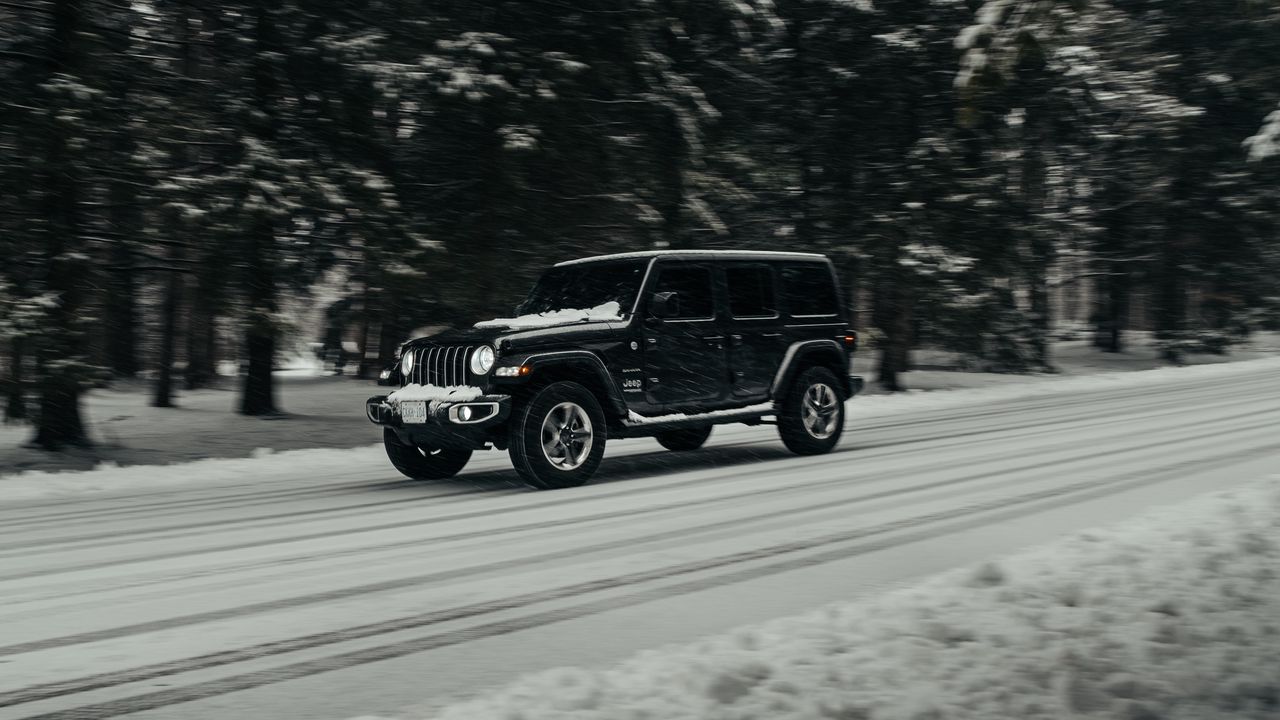 Wallpaper jeep wrangler, jeep, car, suv, black, road, snow