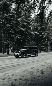 Preview wallpaper jeep wrangler, jeep, car, suv, black, road, snow