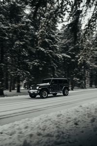 Preview wallpaper jeep wrangler, jeep, car, suv, black, road, snow