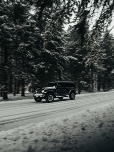 Preview wallpaper jeep wrangler, jeep, car, suv, black, road, snow