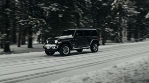 Preview wallpaper jeep wrangler, jeep, car, suv, black, road, snow