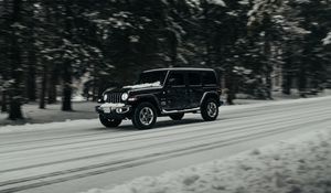 Preview wallpaper jeep wrangler, jeep, car, suv, black, road, snow