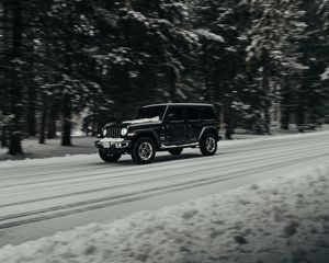 Preview wallpaper jeep wrangler, jeep, car, suv, black, road, snow