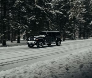 Preview wallpaper jeep wrangler, jeep, car, suv, black, road, snow