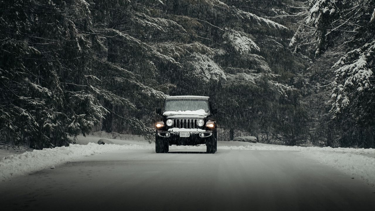 Wallpaper jeep wrangler, jeep, car, suv, black, snow, road