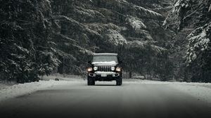 Preview wallpaper jeep wrangler, jeep, car, suv, black, snow, road