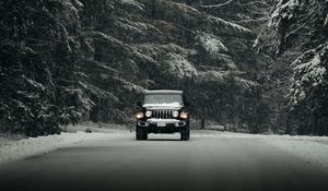 Preview wallpaper jeep wrangler, jeep, car, suv, black, snow, road