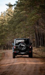 Preview wallpaper jeep wrangler, jeep, car, suv, black, forest, road