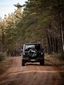 Preview wallpaper jeep wrangler, jeep, car, suv, black, forest, road