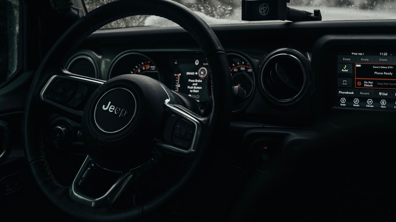 Wallpaper jeep wrangler, jeep, steering wheel, car, black