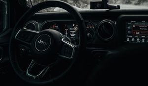 Preview wallpaper jeep wrangler, jeep, steering wheel, car, black