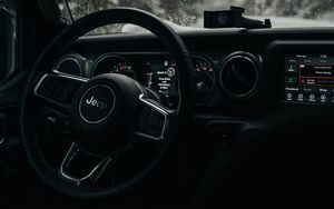 Preview wallpaper jeep wrangler, jeep, steering wheel, car, black