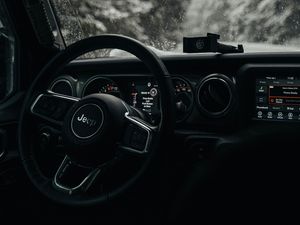 Preview wallpaper jeep wrangler, jeep, steering wheel, car, black