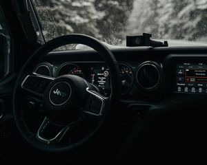 Preview wallpaper jeep wrangler, jeep, steering wheel, car, black