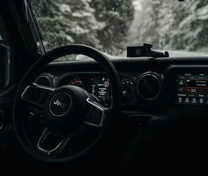 Preview wallpaper jeep wrangler, jeep, steering wheel, car, black