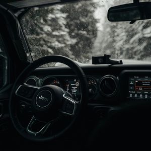 Preview wallpaper jeep wrangler, jeep, steering wheel, car, black