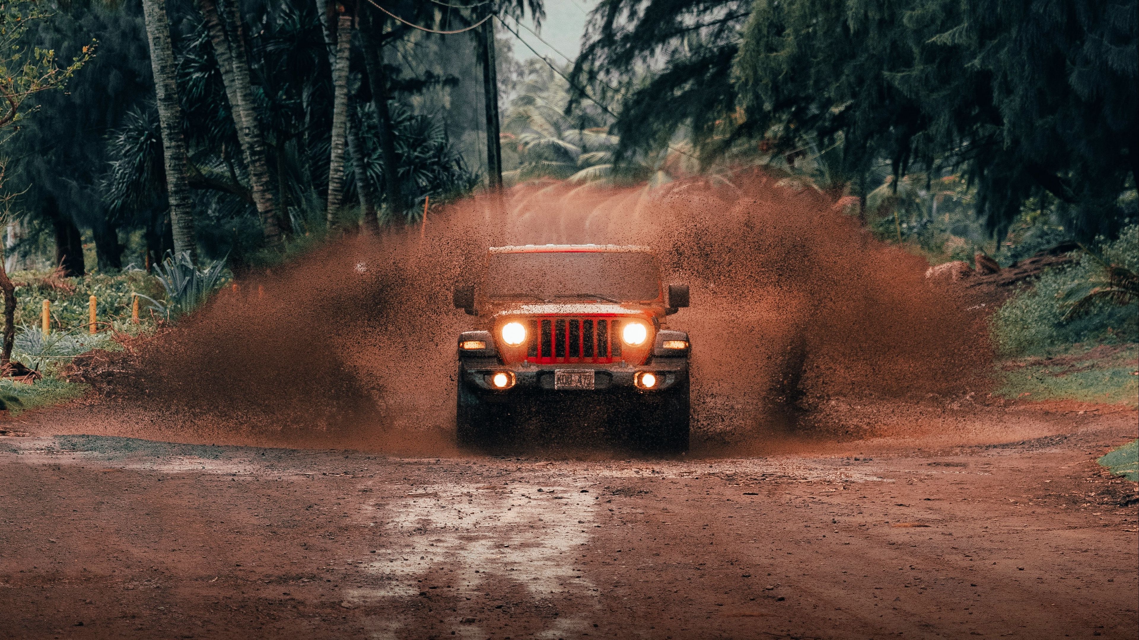 Download wallpaper 3840x2160 jeep wrangler, jeep, car, suv, red, tropics 4k  uhd 16:9 hd background