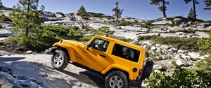 Preview wallpaper jeep, wrangler, yellow, mountains