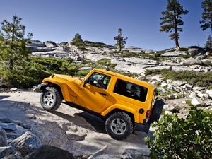 Preview wallpaper jeep, wrangler, yellow, mountains