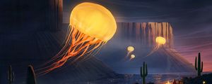 Preview wallpaper jellyfish, cactus, canyon, art
