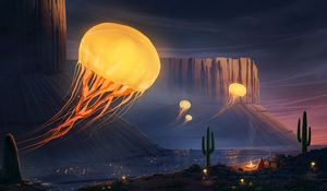 Preview wallpaper jellyfish, cactus, canyon, art