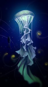 Preview wallpaper jellyfish, diver, art, sea, depth