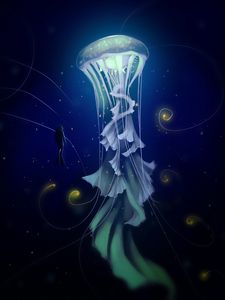 Preview wallpaper jellyfish, diver, art, sea, depth